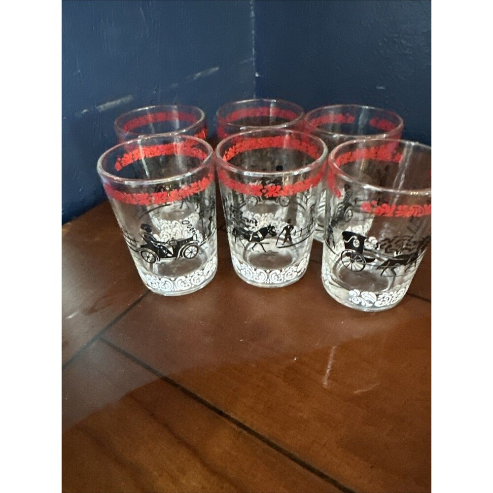 VTG MCM Hazel Atlas Set of 6 3oz Shot Glasses Horse & Buggy Auto